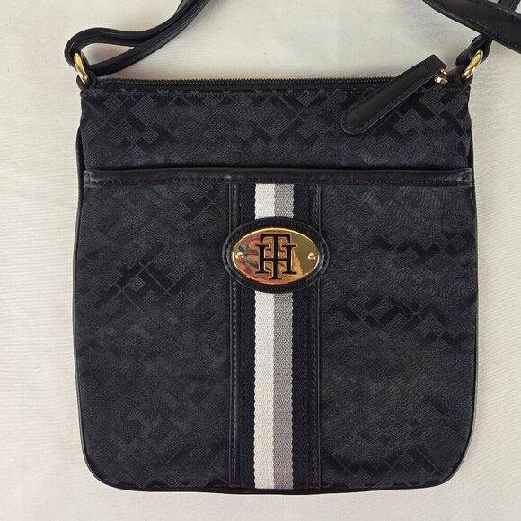 Tommy Hilfiger Black Canvas Logo Crossbody Faux Leather Trim Adjustable Strap - Picture 1 of 15